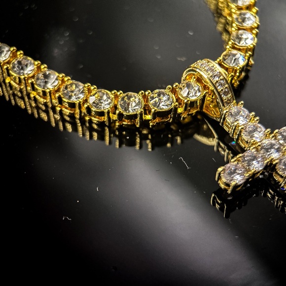 Gold Plated Sterling Silver Tennis Chain Necklace 20” with CZ Cross Pendant - Picture 3 of 6